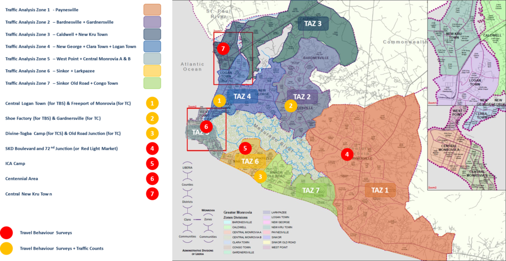 Verkeerstellingen op kaart van de stad Monrovia